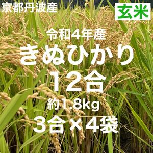 古米 玄米 12合(3合×4袋) 1.8Kg 京都丹波産キヌヒカリ 令和4年産 農家直送