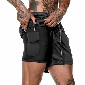 【黒 L】メンズ スポーツショーツ スポーツウェア ランニングショーツ ショートパンツ 2層 ジムウェア