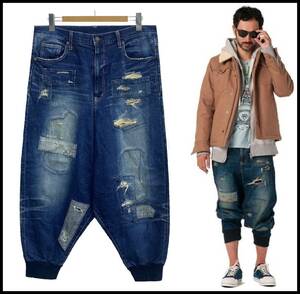 ★名作★ glambグラム 15AW Unplugged denim USED ダメージ リペア パッチワーク 加工 ストレッチ 裾リブ ワイド サルエル デニム パンツ 4