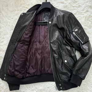 美品 L相当/ディーゼル DIESEL 羊革 ラムレザー シングルライダース ジャケット ブルゾン ma-1 ジップ 黒 裏地ボルドー キルティング