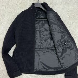 美品◎XL相当 エンポリオアルマーニ EMPORIO ARMANI 凹凸ワッフル生地 ニット ジャケット ライダース 中綿 ブルゾン 48 黒 ウール100%