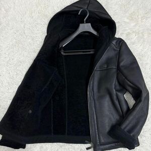 美品 XL〜XXL相当 EMPORIO ARMANI エンポリオアルマーニ リアル ムートン パーカー ライダース ラム 羊革 ロゴプレート 54 黒タグ 最高級