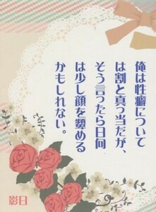 ハイキュー同人誌「俺は性癖については割と真っ当だが、そう言ったら日向は少し顔を顰めるかもしれない」影日・小説