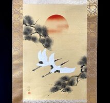 ［真作］小川尚堂 作「飛鶴」絹本 金泥 花鳥図 鳥獣 日本画 絵画 日本美術 掛軸 共箱 タトウ T122111_画像4