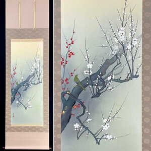 ［真作］郡賜泉 作「梅に鶯」絹本 花鳥図 鳥獣 日本画 絵画 日本美術 掛軸 共箱 タトウ T112438