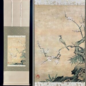 ［模写］狩野松栄「梅小禽図」紙本 工芸 印刷 花鳥図 鳥獣 日本画 絵画 日本美術 掛軸 Ｈ122005