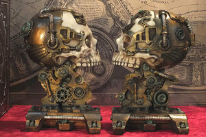 スチームパンクスカルヘッド ブックエンドセット レトロなスカルブックエンドセット☆Steampunk Cranial Skull Bookends