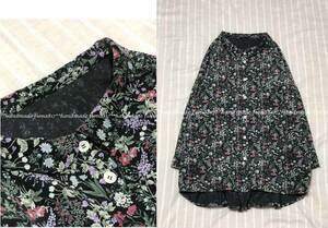 *:. ハンドメイド　cottonコーデュロイ　ボタニカルflower　black　ちび襟シャツ　チュニック丈 .:*