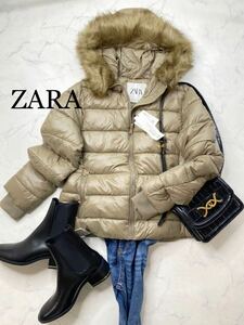 ZARA ザラ★タグ付き未使用★大人可愛い★ウォーターレペレント ファー付き ダウン調 パフジャケット 軽量ブルゾン★モカ茶 Sサイズyz1243