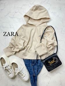 ZARA ザラ★タグ付き未使用★大人可愛い★暖か裏起毛 ロゴデザイン クロップド丈 スウェットパーカー ★ヌード Sサイズ yz1247