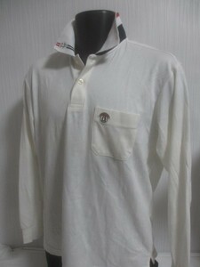 ■411■男長袖■着浅マンシング Men'sポロシャツ/USED/Ｍ～Ｌ/淡アイボリー/樹脂ロゴ・刺しゅう