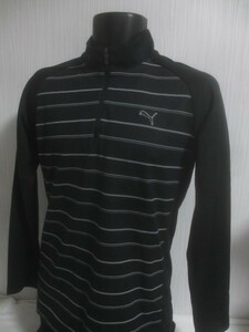 ■420■男長袖■美品プーマGOLF Men'sZIPupシャツ/USED/Ｍ/黒/前ボーダー/刺しゅう・ラバープリントロゴ