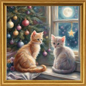 猫　クリスマスツリー　暖炉　イラスト　絵　絵画　Ｌ版プリント　ハンドメイド インテリア　月　星