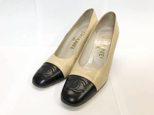 (D) CHANEL シャネル バイカラー ココマーク レザー パンプス 35 ベージュ ブラック (ma)