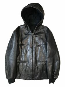 (D) COMME des GARCONS HOMME コムデギャルソンオム 田中期 AD1999 90s-00s フェイクレザー パーカー M ブラック フード ジャケット (ma)