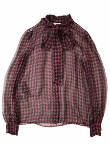 (D) PRADA プラダ 総柄 ボウタイ シルク シャツ 38 レッド ブラック