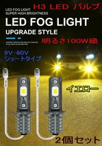 6000LM 24V 大型車 100W級 H3 LEDフォグランプ ショートバルブ 2個セット バンパー用 トラック ダンプトラック 黄色 ゴールデンイエロー_画像2