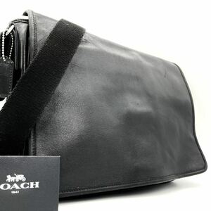 1円【美品】OLD COACH オールドコーチ ショルダーバッグ メンズ グラブタンレザー 斜め掛け A4 PC収納◎ チャーム付 型押し ブラック 黒