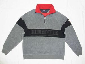 ☆ 90s TOMMY HILFIGER トミーヒルフィガー エンボス加工 ロゴ ハーフジップ フリース ジャケット sizeM 灰 ☆古着 国内正規 ビンテージ