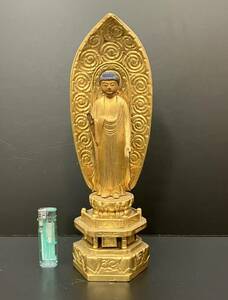 ◆【仏教美術・時代物仏像】木製金箔・阿弥陀如来像・舟弥陀（総高さ32.5ｃｍ）◆