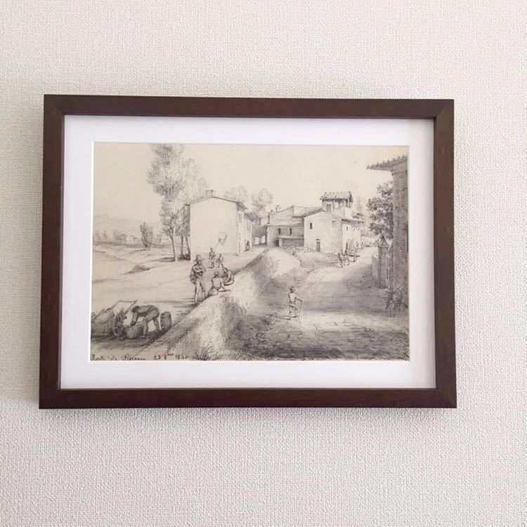 [Hecho en Italia] 30 tipos de patrones, Toscana del siglo XIX, pinturas de paisajes medievales, 3 impresiones, marco de madera, 35, 5x26, 8mm, diferentes patrones, obra de arte, cuadro, dibujo a lápiz, dibujo al carbón