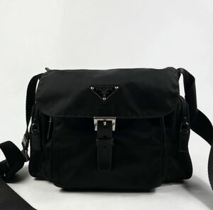 1円〜【美品】 PRADA プラダ メッセンジャーバッグ ショルダーバッグ 斜め掛け◎ ブラック 黒 ナイロン 三角ロゴ サイドポケット付き 鞄