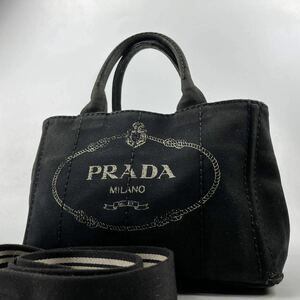 1円〜【最高級】 PRADA プラダ カナパ ブラック 黒 S ストライプ 2way ハンドバッグ ショルダーバッグ デニム ビッグロゴ 斜め掛け◎ 鞄