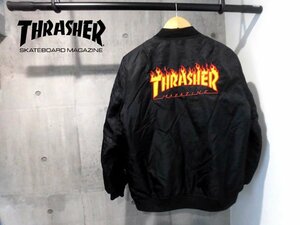 THRASHER スラッシャー ファイヤーロゴ刺繍 MA-1フライトジャケットXL/中綿入りブルゾン/スケートボード/黒 ブラック/メンズ