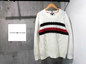 TOMMY HILFIGER トミーヒルフィガー フラッグカラー切替 クルーネック ケーブルニットセーターXXL/フィッシャーマンズ セーター/白/メンズ