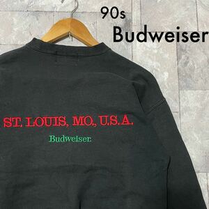 90s Budweiser バドワイザー スウェット トレーナー バック刺繍ロゴ クルーネック 日本製 ブラック 玉FL3254