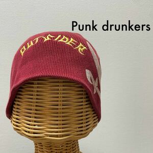 punk drunkers パンクドランカーズ OUTSIDER ニット帽 キャップ 帽子 ビーニー ワッチ 刺繍ロゴ ワインレッド 玉SS1327