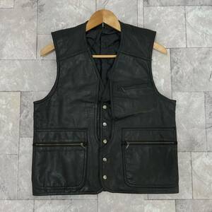 Leather Vest レザーベスト 本革 スナップボタン ポケットジップ vintage 裏地キルティング バイク ヴィンテージ サイズM 玉SS1291