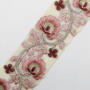 インド刺繍リボン 約45mm 花模様 ピンクの花