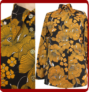 古着♪レトロ・Vintage黄黒サイケ花柄モッズシャツ♪柄シャツ70s60s70年代60年代ヴィンテージ日本派手個性的昭和モダンMODS長袖ヨーロッパ