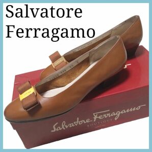 【美品】 サルヴァトーレフェラガモ パンプス レディース ブラウン リボン Salvatore Ferragamo イタリア