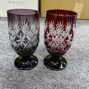 1274 NakakinGlass（ナカキングラス） 色台ビールグラス 梅矢来切子 2つセット　現状品