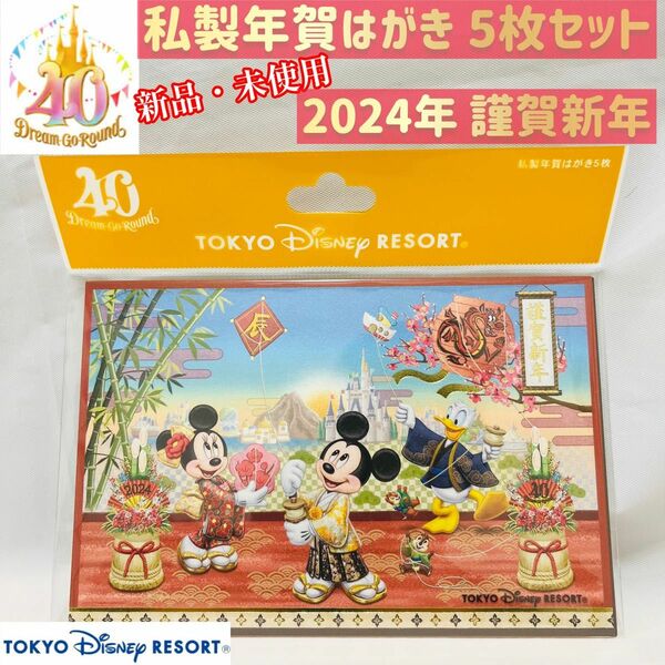 【新品・未使用品】2024年 私製年賀はがき5枚 ディズニー40周年