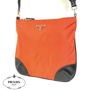 極美品 PRADA ショルダーバッグ オレンジ ブラック エナメル 58 イカットナイロン プレート ロゴ ワンショルダー プラダ