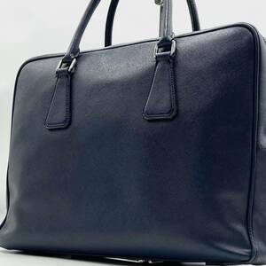 1円【美品】PRADA プラダ メンズ ビジネスバッグ トートバッグ ブリーフケース 三角ロゴ サフィアーノレザー ネイビー 紺色 白タグ 正規品