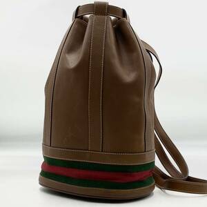 1円【超希少】OLD GUCCI オールドグッチ シェリーライン 巾着 ショルダーバッグ ボンサック ボディ 斜め掛け オールレザー ブラウン メンズ