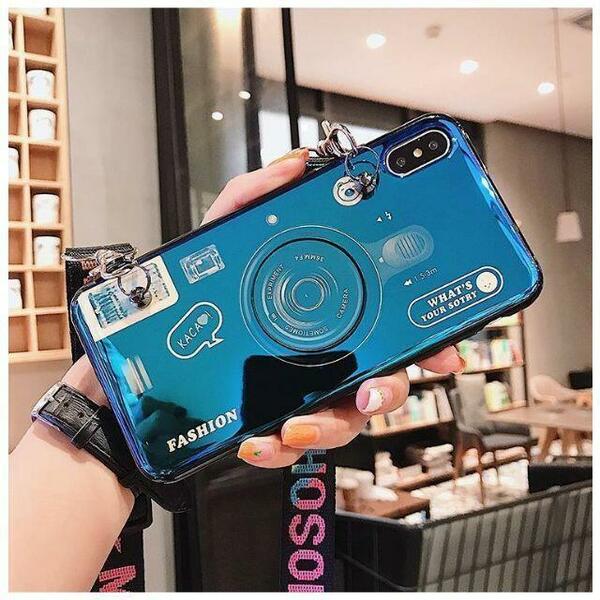 iphone12 pro max　ストラップ付　旅行　カメラ型　斜め掛け　青色