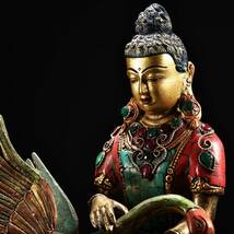 秘蔵 中國 清代 チベット仏 銅製 彩繪描金嵌寶石 吉祥鶴母 仏像 供養品 仏教美術 置物 古美術品 NW182_画像6