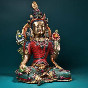 中國 清代 チベット仏教 古銅彫 嵌寶石彩繪描金 緑度母菩薩 仏像 仏教美術 供養品 置物 時代物 中国美術 NW279