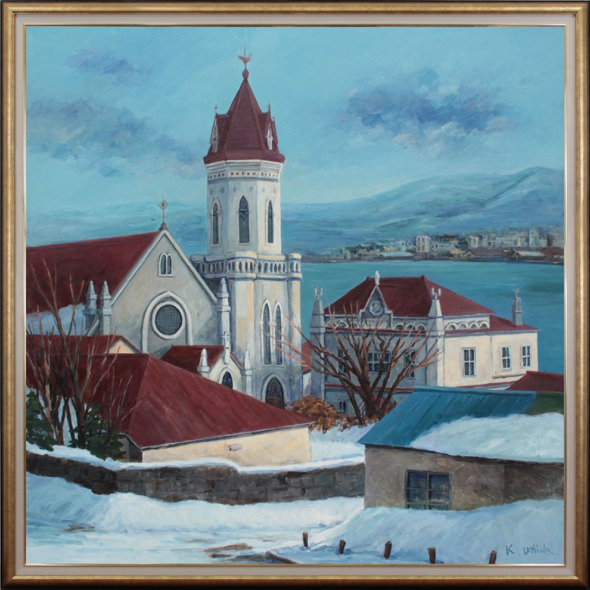 Iglesia de Kaoru Uchida con vistas al mar (2) Pintura al óleo [Obra auténtica garantizada] Pintura - Galería Hokkaido, Cuadro, Pintura al óleo, Naturaleza, Pintura de paisaje