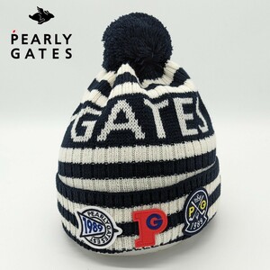 ★新品正規品 PEARLYGATES/パーリーゲイツカラフルデコワッペン リブ編みボーダー梵天ニットワッチ (UNISEX)