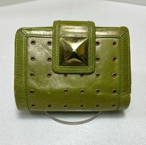 *ELLE L folding purse * studs snap type L character fastener original leather change purse . have green group [USED]1227B