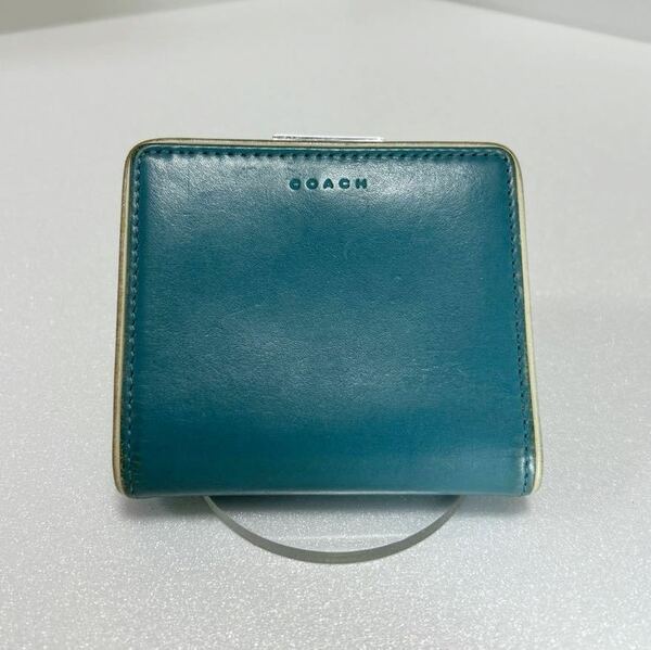 ☆COACH コーチ☆　折り財布　二つ折り　コンパクト　レザー　小銭入れ有　ロゴ刻印　ターコイズブルー 【USED】1212