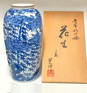 清水焼 平安晃伸【松竹梅】うぐいすが可愛い青華の花器、京焼花瓶　花生♪