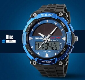 メンズ 腕時計 デジタル アナログ 両表示 ブルー ソーラーパネル充電 夜光ELライト 3針 防水 新品 未使用 送料無料 クォーツ アウトドア