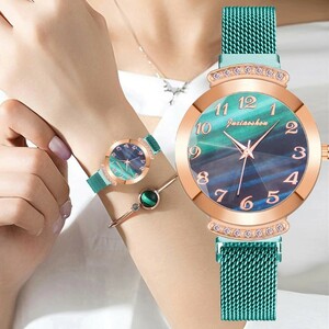アラビア調 レディース腕時計 グリーン カジュアル ファッション アクセサリー 3針 アナログクォーツ カラフル文字盤 新品 未使用 送料無料